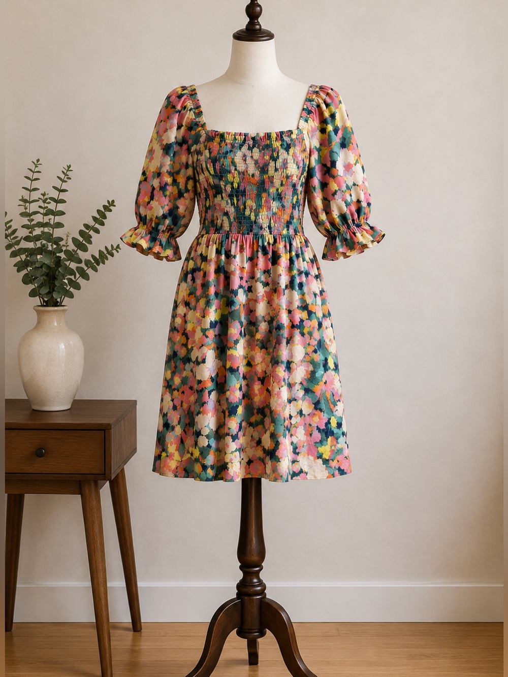 GAP Linen Blend Floral Smocked Midi Dress Puff Sleeve Cottagecore M